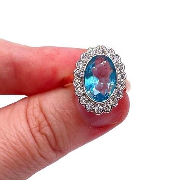 .925 Sterling Silver Rose Gold with Blue and White Cubic Zirconia Ring Size 9 - Picture 5 of 6
